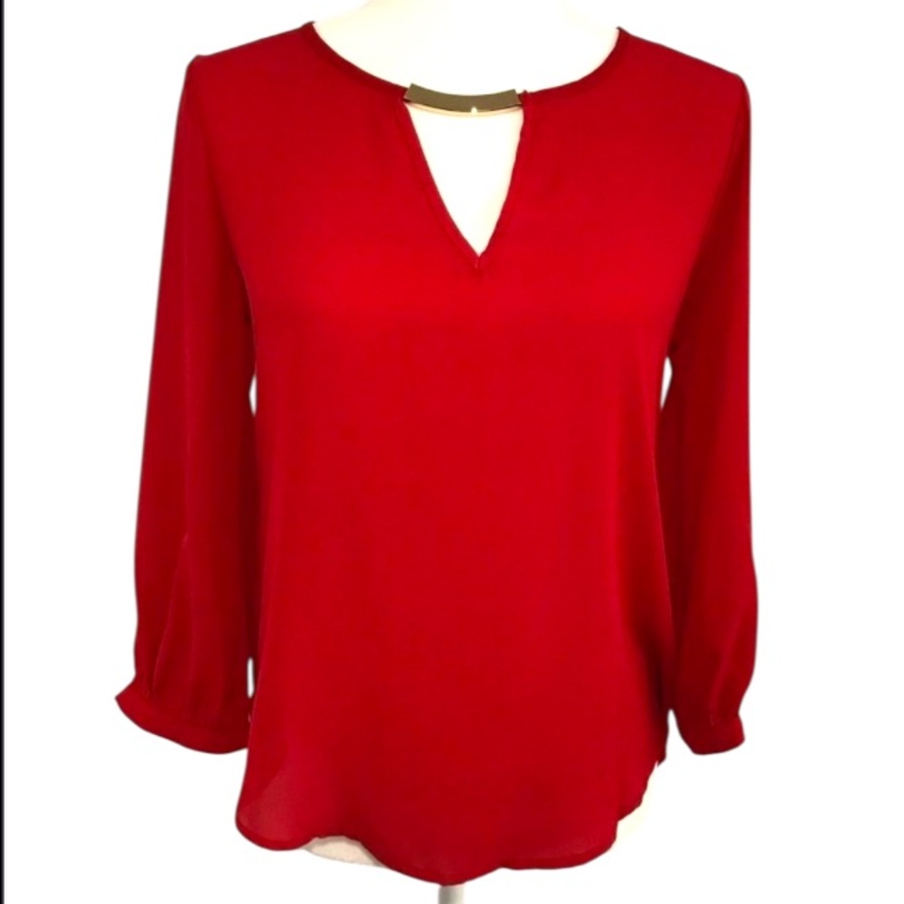 Red Open Back Blouse Draped Back Keyhole Neck Long Sleeve Top Size S
